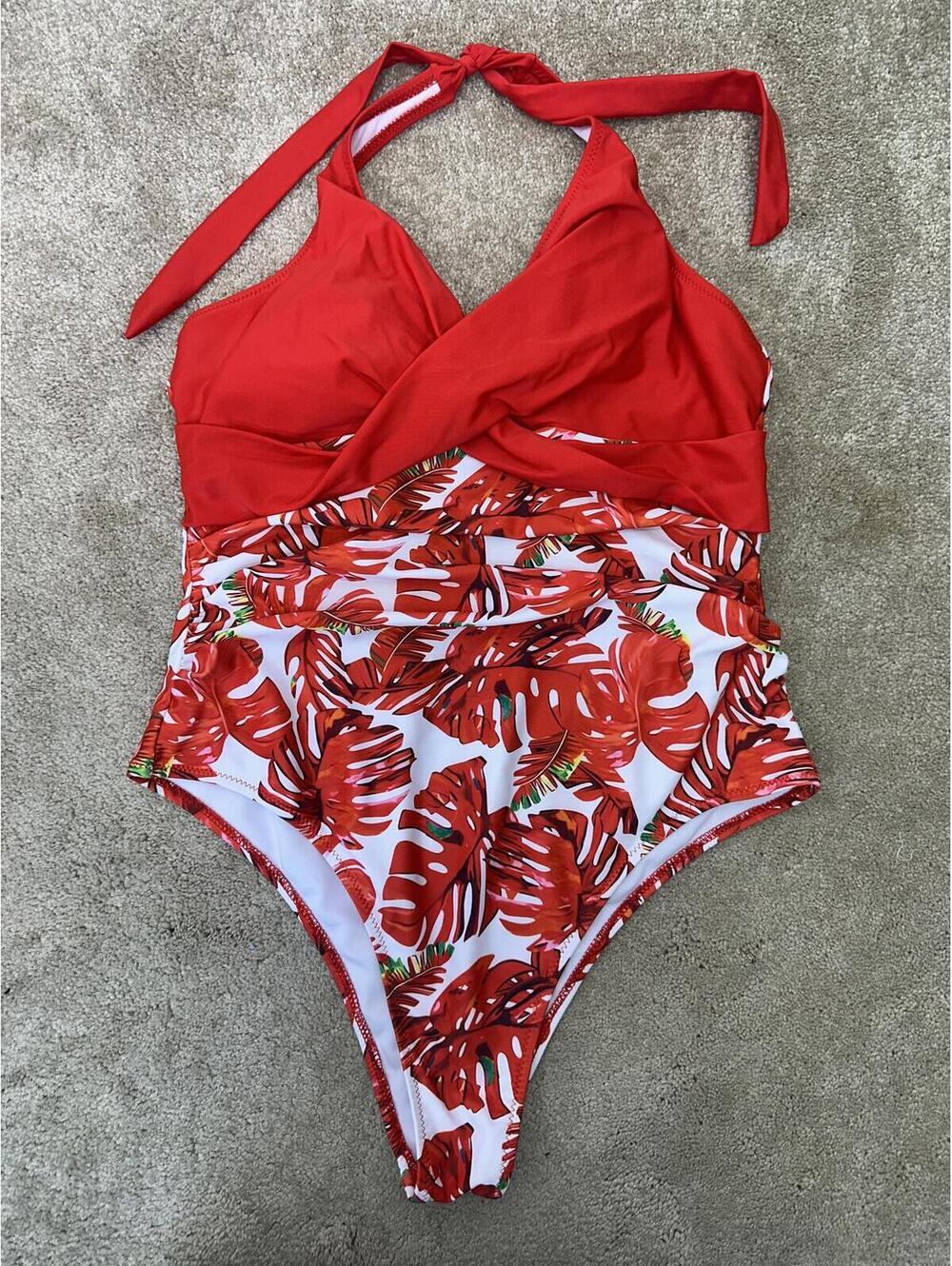 Women’s Sz L Red & White Tropical Leaves One-Piece Haltertop Swimsuit Padded Bra